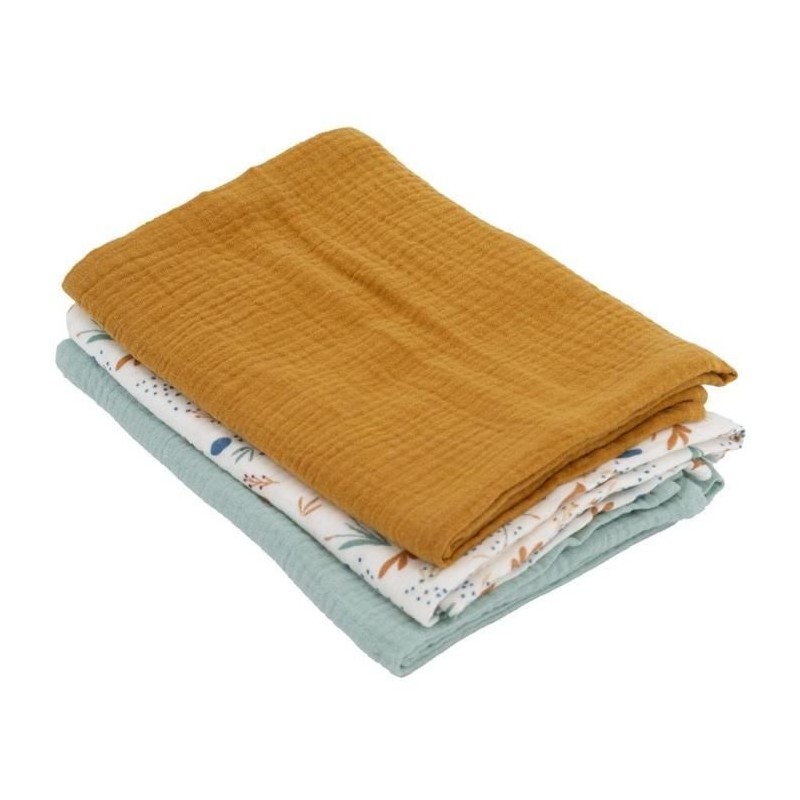 Lot de 3 langes Bambou - DOMIVA - 1 Imprimé + 2 Uni - Vert caramel - 60x60 cm