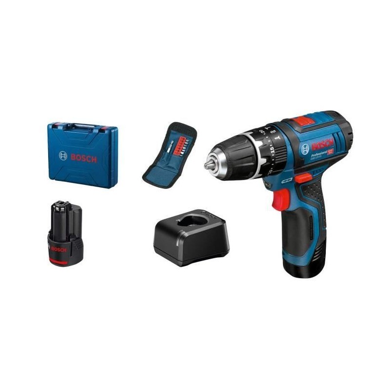 Perceuse-visseuse a percussion Bosch Professional GSB 12V-15 + 10 accessoires...