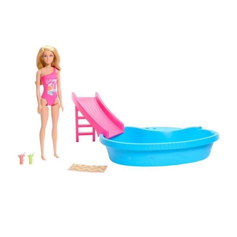 Barbie-Poupée et accessoires-Coffret poupée blonde avec piscine de