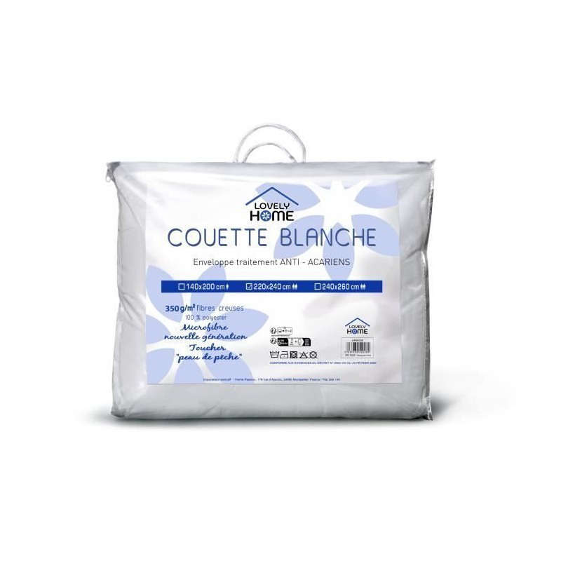 Couette tempérée 350gr/m² antiacariens LOVELY HOME - 220 x 240 cm - Blanc