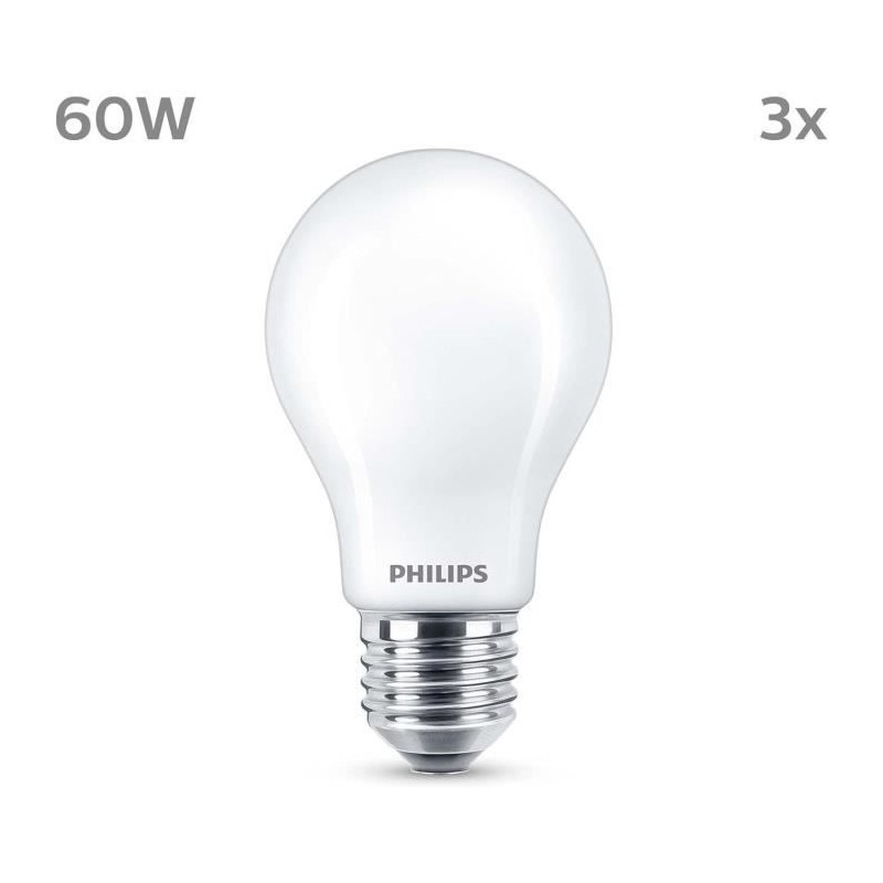 Ampoule LED - PHILIPS - Classic - 60 W - A60 E27 - Blanc chaud - Non