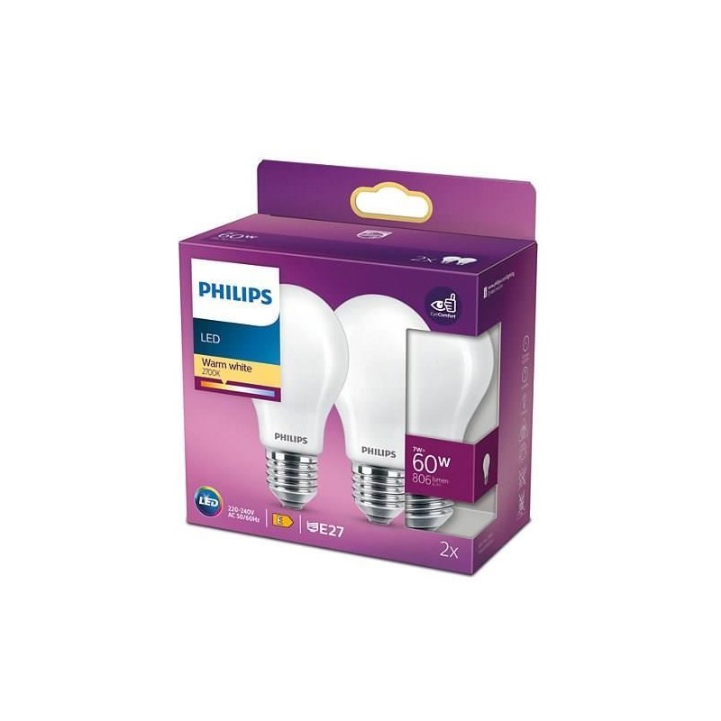 PHILIPS LED Classic 60W Standard E27 Blanc Chaud Non Dimmable Lot de 2