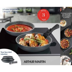 Set de 3 poeles - ARTHUR MARTIN AM521GM - Gris Mat 20-24-28 cm + 1 poignée am...