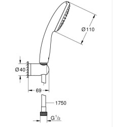 Ensemble de douche avec pommeau 1 jet Pluie, support et flexible 1,75m - GROH...