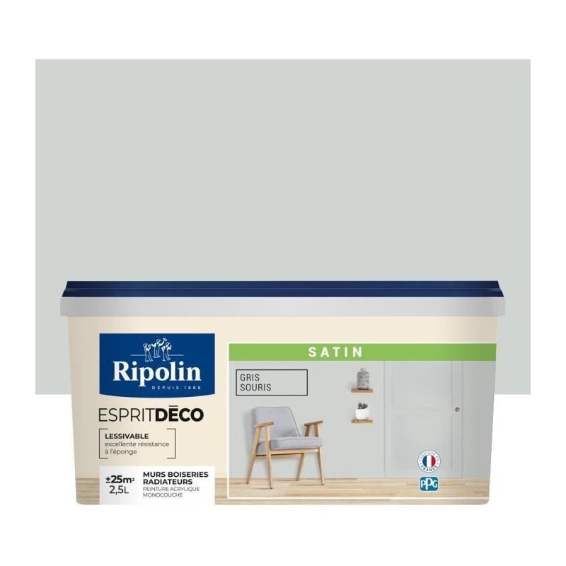 RIPOLIN Peinture murale pour toutes pieces - Gris souris satin - 2,5 L
