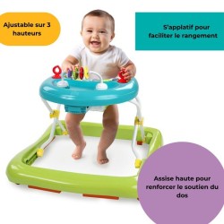 BRIGHT STARTS Trotteur bébé pliable- Safari- Jouets interactifs, Hauteur Régl...