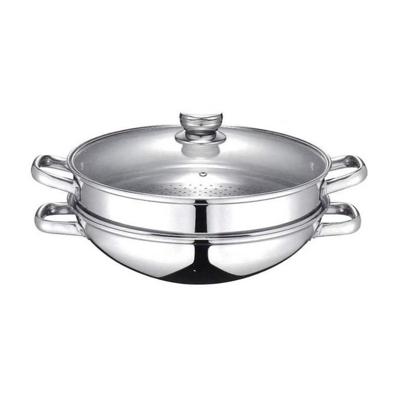 Wok 2-en-1 - BAUMALU - Tous feux dont induction - Couvercle verre - 32 cm