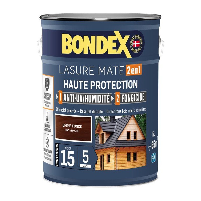 Lasure 2 en 1 Haute protection - Chene foncé satin - BONDEX - 5 L