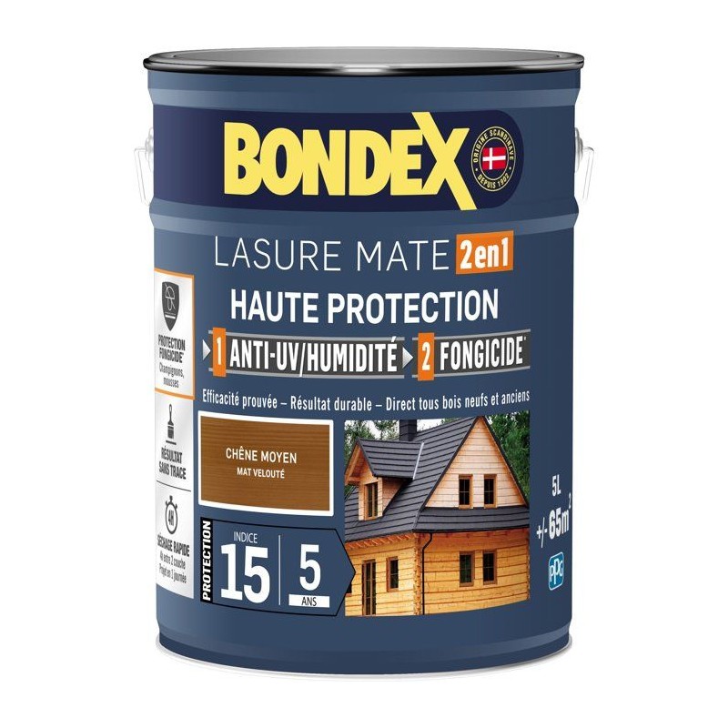 Lasure 2 en 1 Haute protection - Chene moyen satin - BONDEX - 5 L
