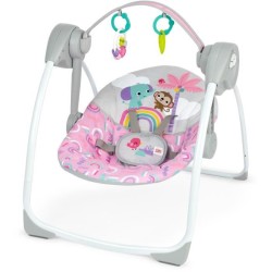 BRIGHT STARTS Balancelle bébé électrique compacte – Animaux, rose, 6 vitesses...