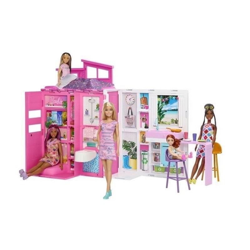 Barbie-Maison de vacances-Coffret et poupée, 4 zones et