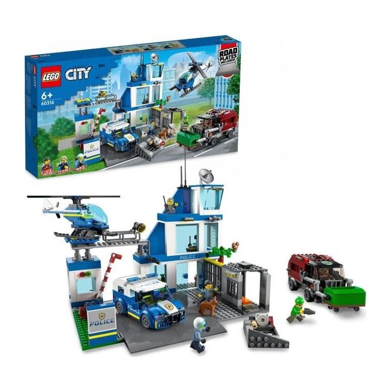 LEGO City 60316 Le Commissariat de Police, Jouet Hélicoptere, Voiture de Poli...