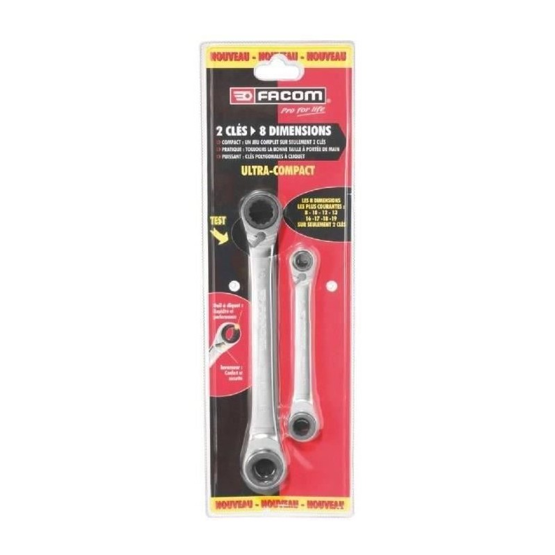 Jeu de 2 Clés a Cliquet Cuatro - FACOM - 64C.J2PB - 8-19 mm - Argent