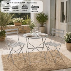 Set bistrot - ELORA - Ensemble repas de jardin - Table pliante Ø 60 cm + 2 ch...