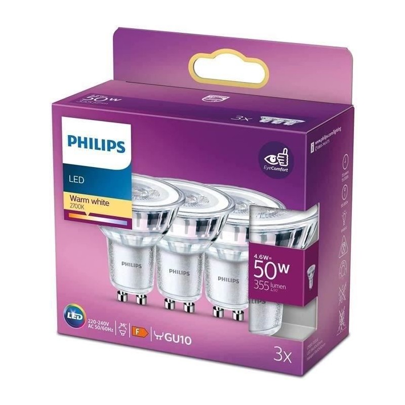 Ampoules LED GU10 Philips - Pack de 3 - 50W - Blanc chaud - Éclairage