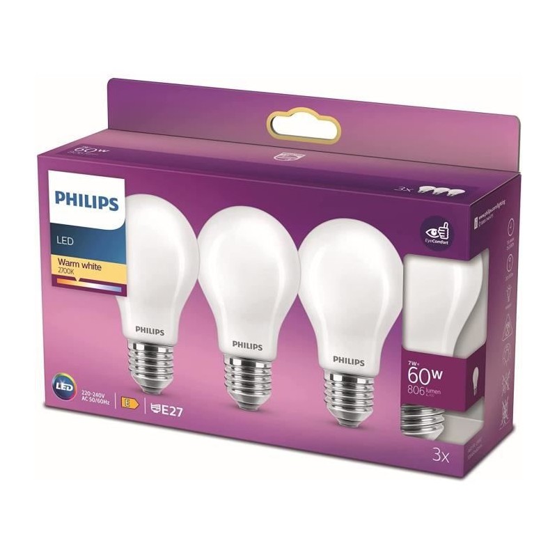 Ampoules LED Philips - Pack de 3 - 60W - Blanc chaud