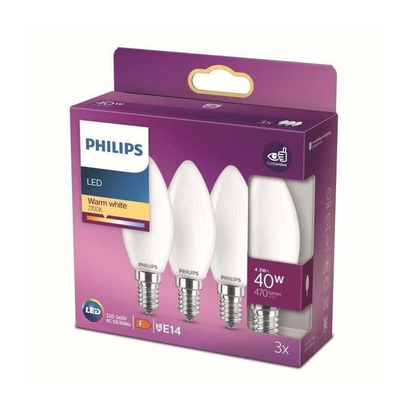 Ampoules LED PHILIPS - Pack de 3 - E27 40W - Blanc chaud - Classe F