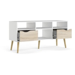 Meuble TV - 4 niches 2 tiroirs - Blanc / Chene - 117,2 x 39,1 x 57,4 cm ARO