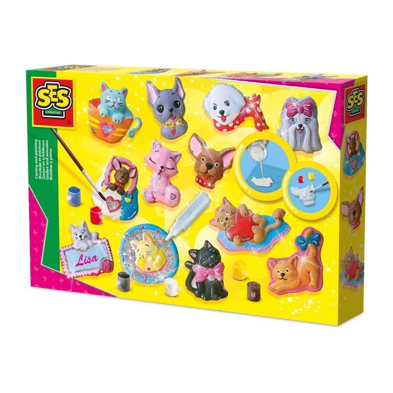 SES CREATIVE - Moulage en plâtre chiens et chats - Jaune, vert et