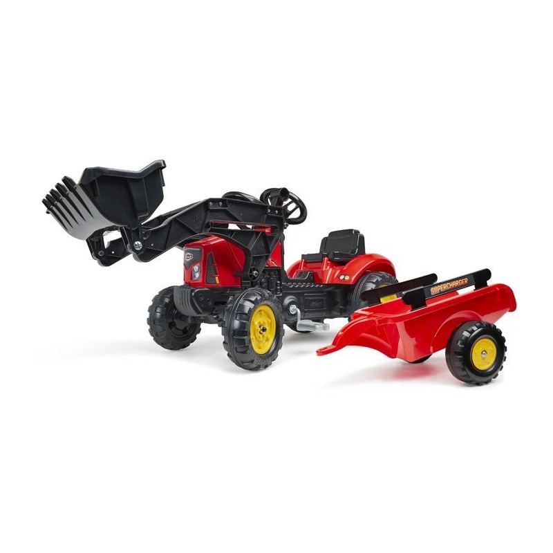 Tracteur a pédales Supercharger rouge avec pelle frontale articulée et remorq...