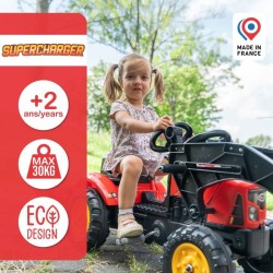 Tracteur a pédales Supercharger rouge avec pelle frontale articulée et remorq...