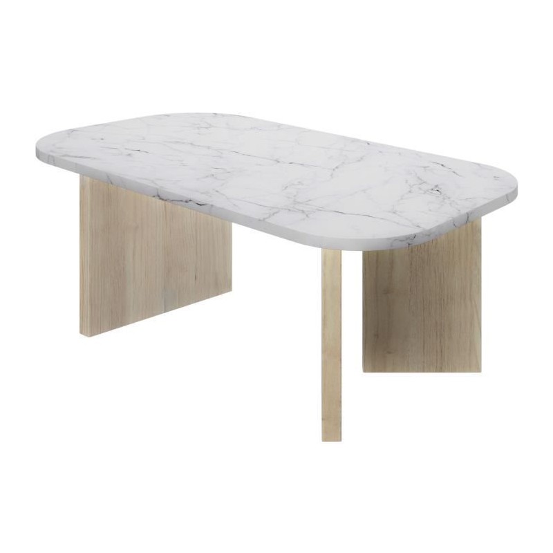 Table basse ovale - QUARTZ - Blanc effet marbre - Pieds épais en chene - 105 ...