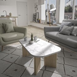 Table basse ovale - QUARTZ - Blanc effet marbre - Pieds épais en chene - 105 ...