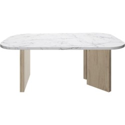 Table basse ovale - QUARTZ - Blanc effet marbre - Pieds épais en chene - 105 ...