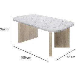 Table basse ovale - QUARTZ - Blanc effet marbre - Pieds épais en chene - 105 ...