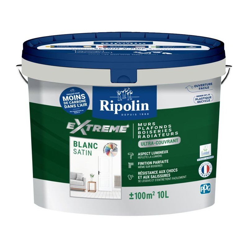 Peinture mur et plafond monocouche satin blanc 10L Ripolin