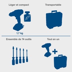 Coffret perceuse visseuse sans fil C-DTB74/2-X - 50Nm mandrin 13mm + 74 acces...