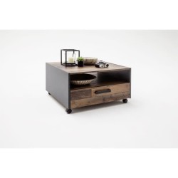Table basse carré a roulette - Panneaux de particules - Décor bois vieilli et...