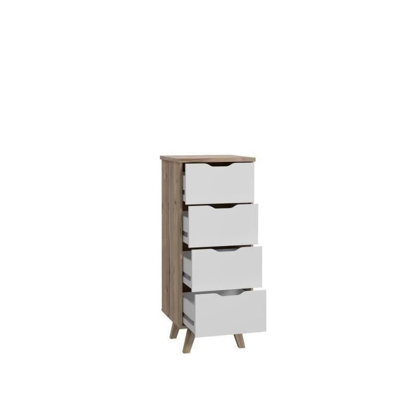 Chiffonnier VANKKA  4 Tiroirs - Décor chene et blanc - Style scandinave - L 4...