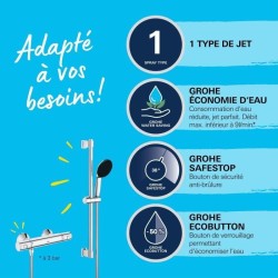 Ensemble de douche avec mitigeur thermostatique, pommeau 1 jet, barre 60cm et...