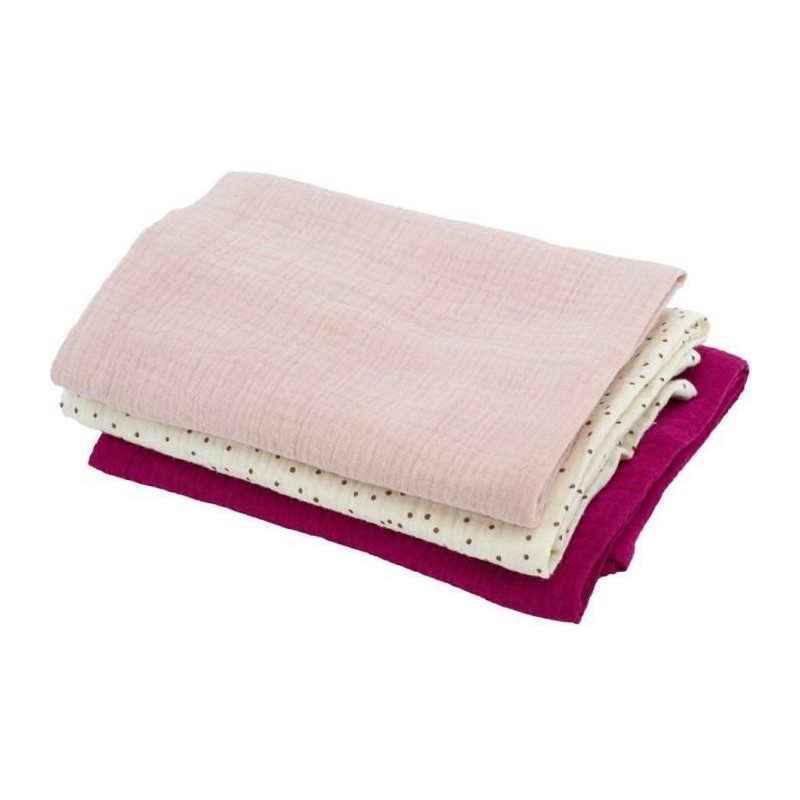 Lot de 3 langes Bambou - DOMIVA - 1 Imprimé + 2 Uni - Rose grenadine - 60x60 cm