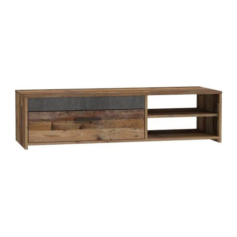 PACO Meuble TV 1 tiroir 2 niches - Décor vieux bois et béton gris foncé - L 1...