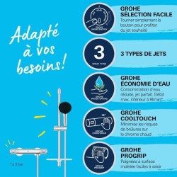 Ensemble de douche avec mitigeur thermostatique, pommeau 3 jets, barre 60cm e...