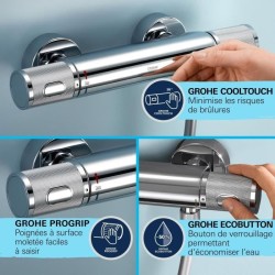 Ensemble de douche avec mitigeur thermostatique, pommeau 3 jets, barre 60cm e...