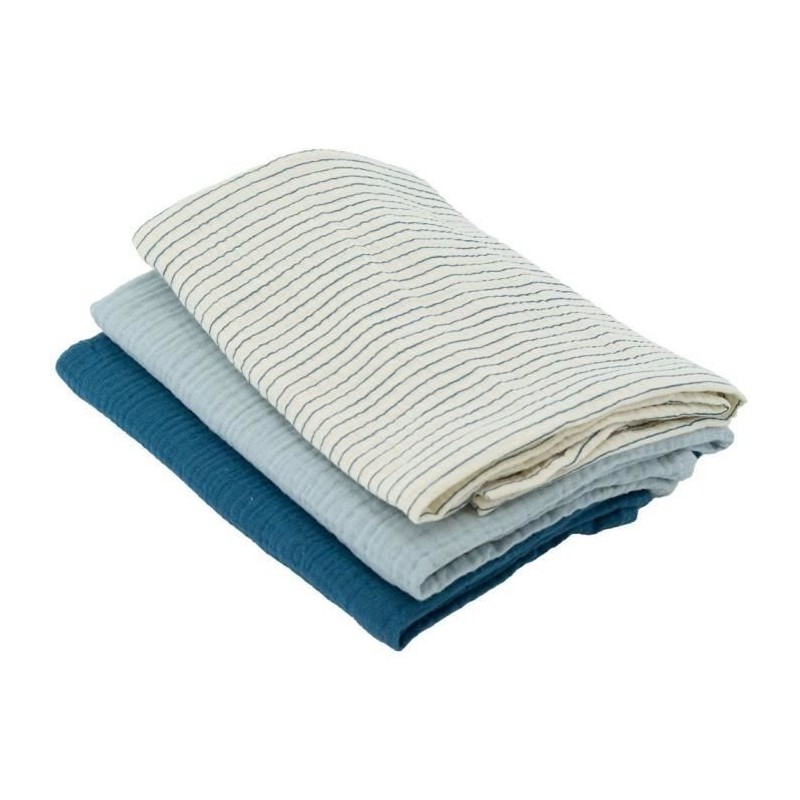 Lot de 3 langes Bambou - DOMIVA - 1 Imprimé + 2 Uni - Bleu indigo - 60x60 cm