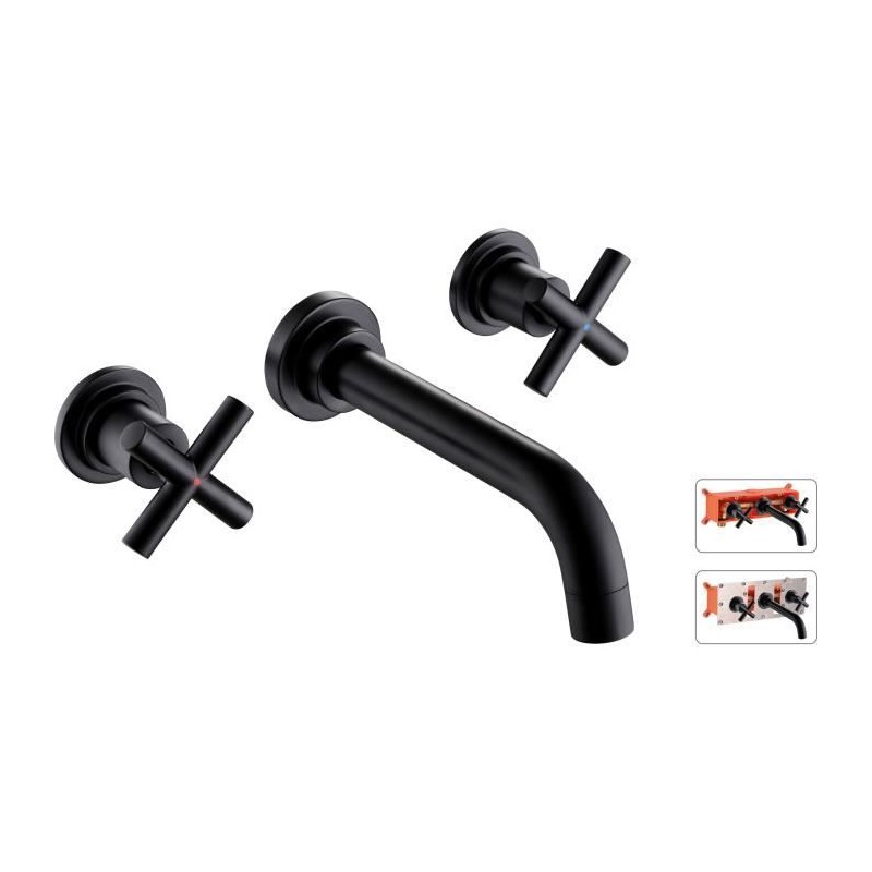 Robinet mural lavabo ROUSSEAU - tete céramique 1/4 t - couleur noir - col de ...