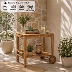 Desserte de jardin a roulettes en bois d'acacia FSC - SOLIS - Avec porte-bout...