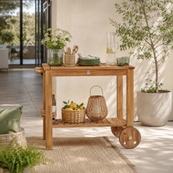 Desserte de jardin a roulettes en bois d'acacia FSC - SOLIS - Avec porte-bout...