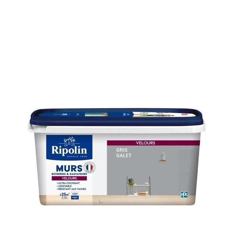 RIPOLIN Peinture Couleur Velours pour Murs, Boiseries Radiateurs - Gris galet