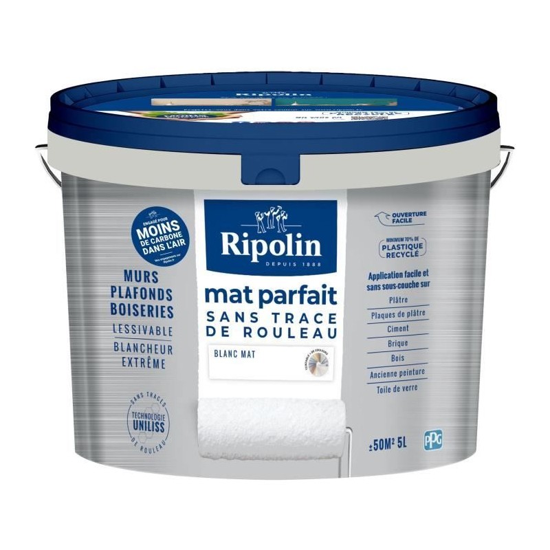 Peinture murs & plafonds parfait - RIPOLIN - 441725 - Blanc - Mat - 5 L