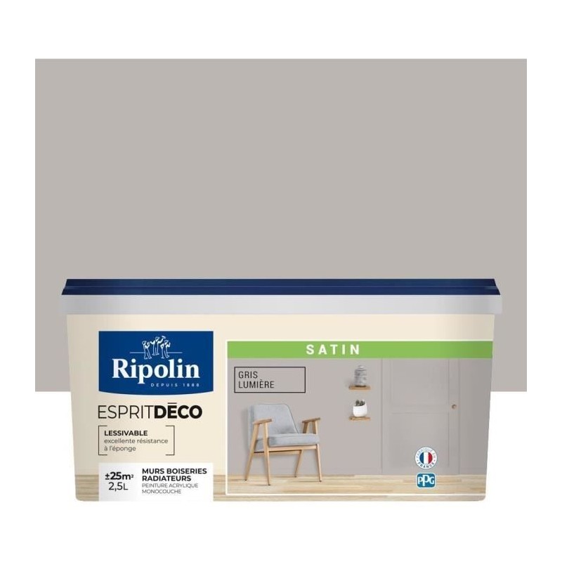 Peinture de couleur murale intérieur satin gris lumiére 2,5L Ripolin