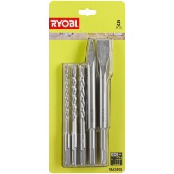 RYOBI - Kit 3 forets (6 mm, 8 mm, 10 mm) et 2 burins SDS+ (1 pointe et 1 plat...