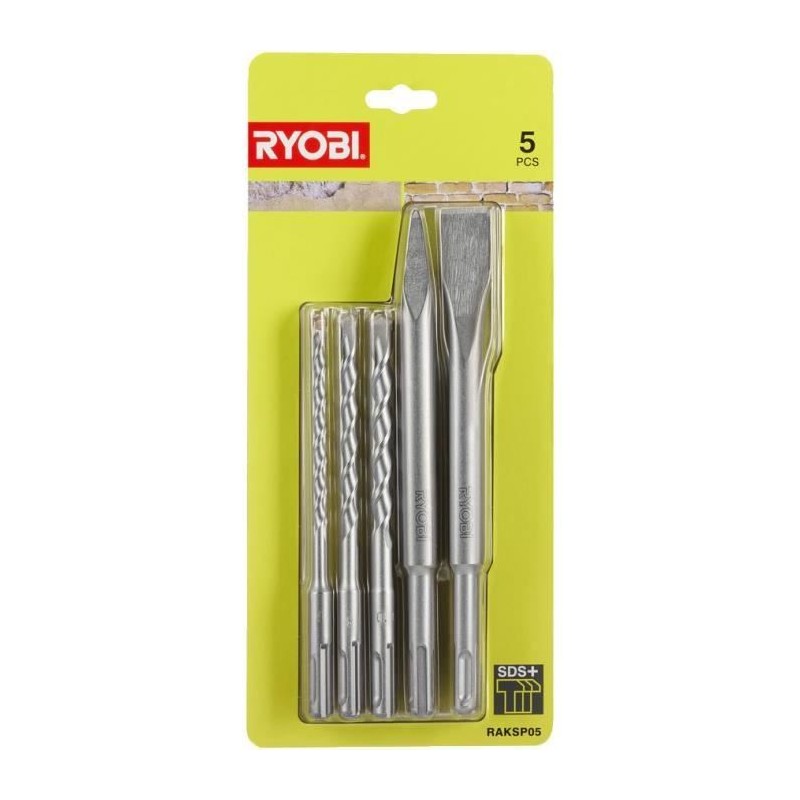 RYOBI - Kit 3 forets (6 mm, 8 mm, 10 mm) et 2 burins SDS+ (1 pointe et 1 plat...