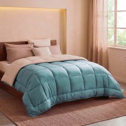 CALGARY - Couette Chaude Microfibre 400gr/m² - Beige Galet & Vert Lac - 220 x...
