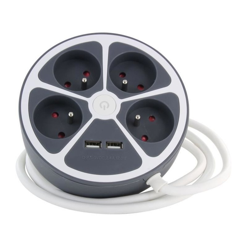 Bloc cercle - CHACON - 4 x16 A + 2 USB-1 - 1,5 m - (FR) - Gris