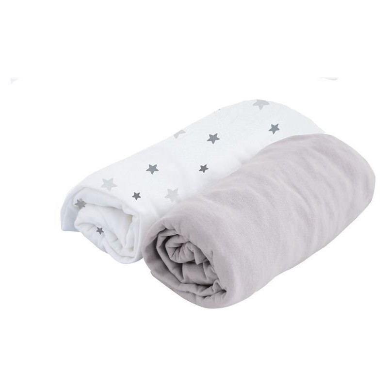 DOMIVA Lot de 2 Draps Housse PERLE GRIS / blanc imprimé étoiles 70x140 cm